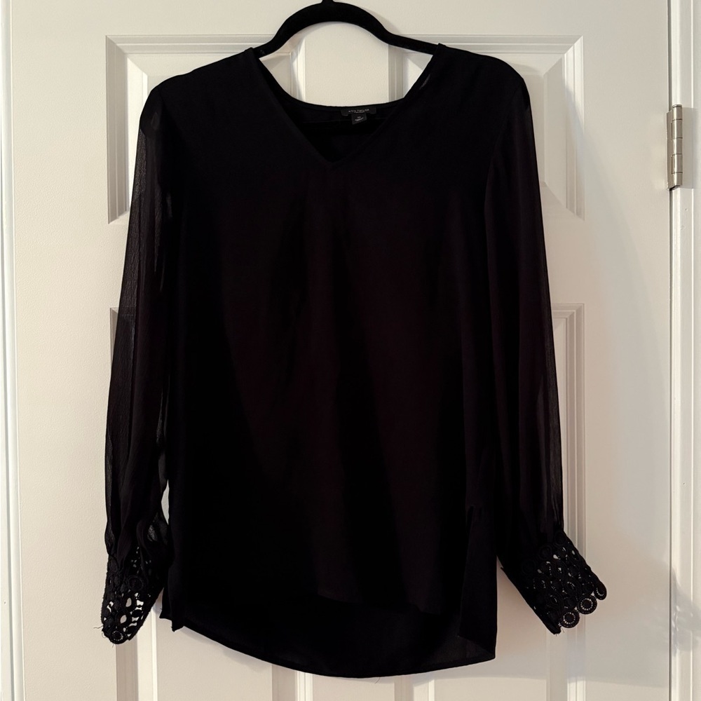 Ann Taylor Factory | Black Long Sleeve Blouse with Lace Details | Size XS